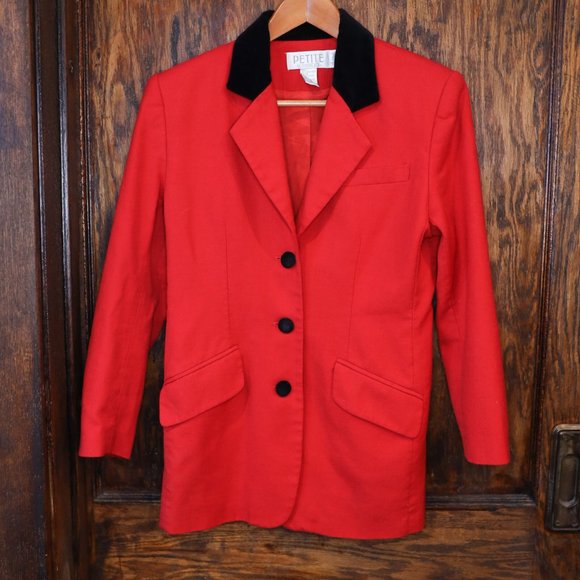 Petite Sophisticate Red 100% Wool Red Blazer Vintage Black Velour Collar Size 6 - Picture 2 of 7